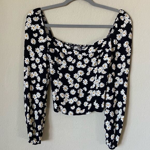 Reformation Reign Black Crop Top Blouse Daisy Floral Size 0 - Picture 4 of 7